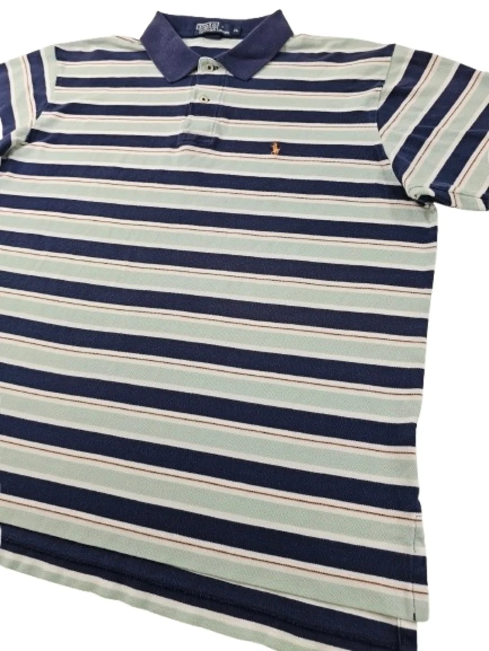 Vintage Polo Ralph Lauren Orange Pony Men XL Blue Teal Navy Striped Ribbed Shirt